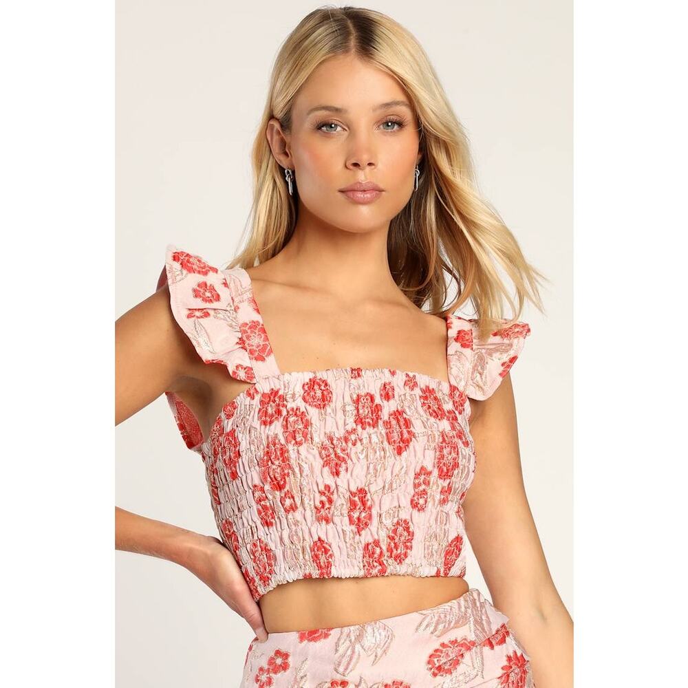 Lulus Charm the Crowd Smocked Crop Top Blush Pink Floral Jacquard S NWT